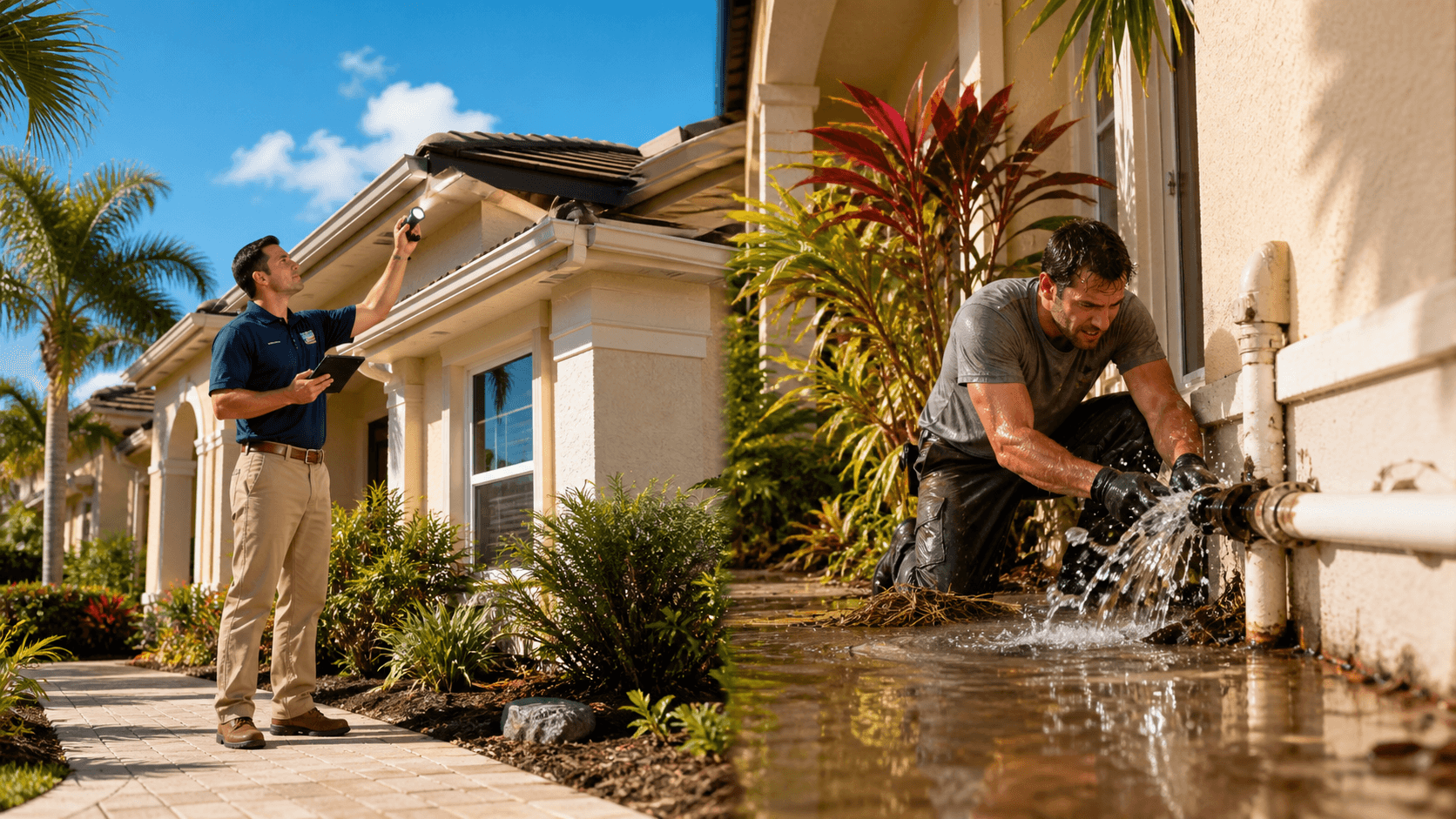 Split view of a bright Sarasota home inspection and a costly nighttime emergency repair scene.