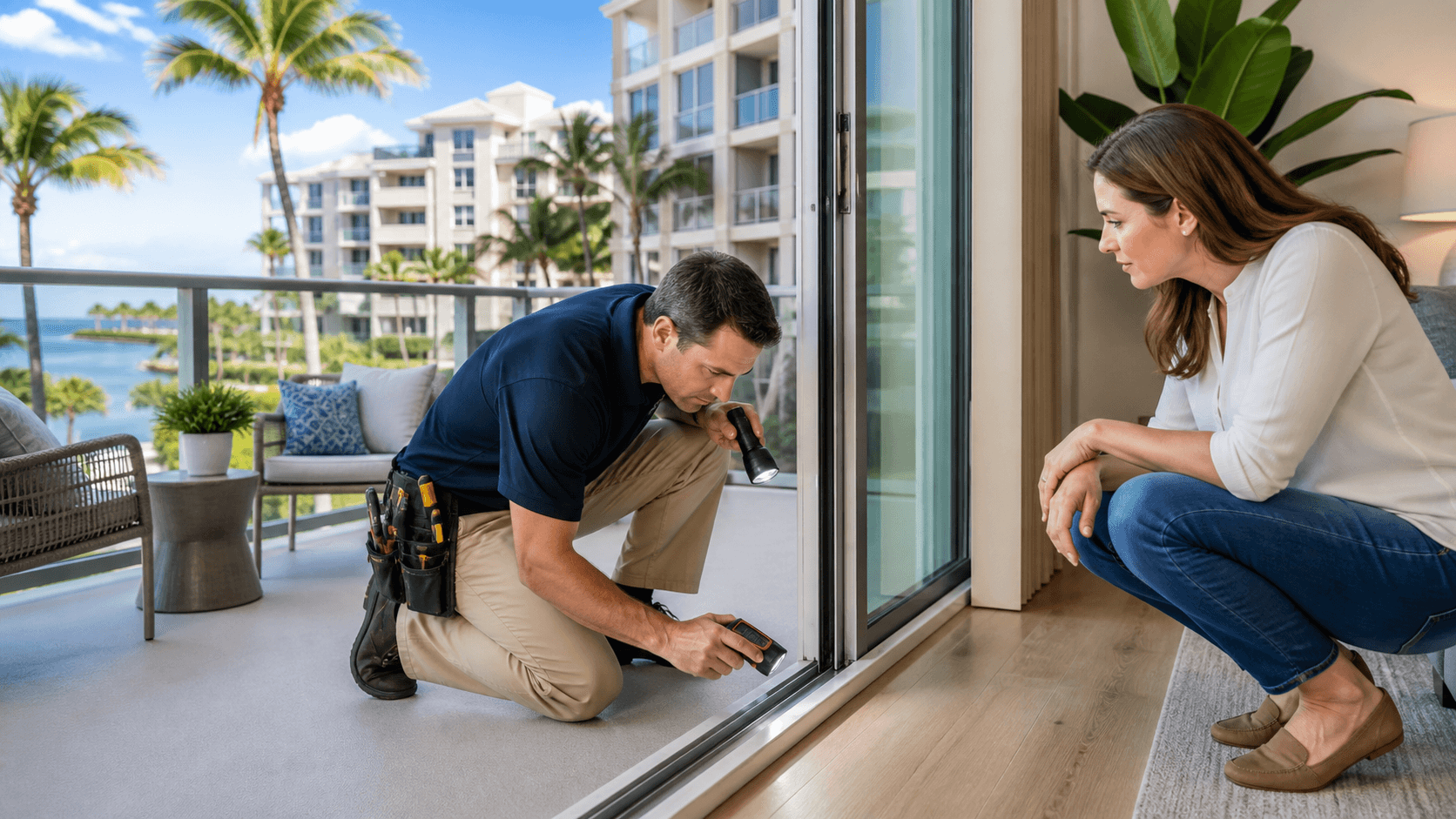 Inspector in a bright coastal condo examines a kitchen counter with a clipboard and flashlight.