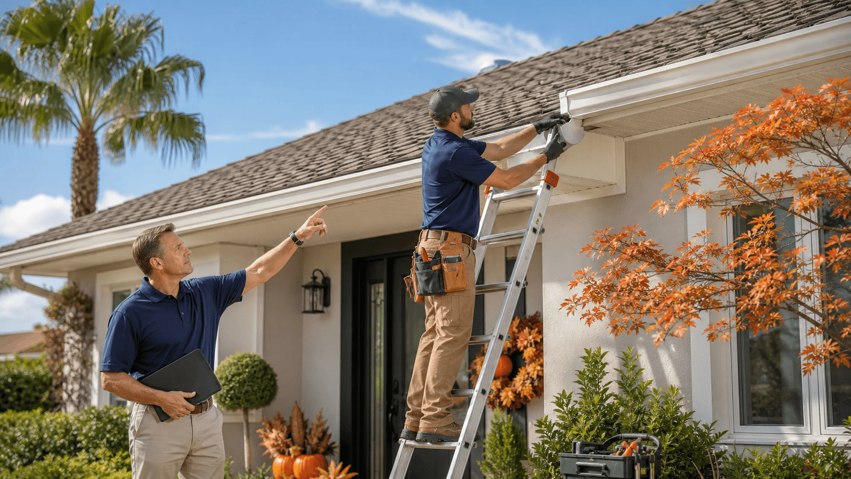 Inspector reviews a clipboard beside a sunlit Florida home with palm trees and autumn repair tools.